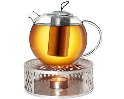 Creano glazen theepot 2,0l Jumbo + een rvs theelicht, 3-delige glazen theepot met geïntegreerd rvs filter en glazen deksel, ideaal voor het zetten van losse thee, druppelvrij