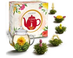 Creano theebloemen cadeauset - FLOWER DESIGN - bloementhee lenteoogst met 500ml glazen theepot & 6x witte thee - cadeau voor Valentijnsdag, Moederdag