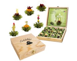 Creano theebloemen cadeauset in houten theekist 12 bloementhee in 6 soorten groene thee fruitig gearomatiseerd, Fruity Flavor