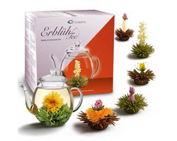 Creano Theebloemen Mix - Cadeauset Bloementhee met Glazen Theepot 500ml Witte Thee & Zwarte Thee met 6 Theeballen elk 3x Witte & Zwarte Thee, Cadeau voor Vrouwen, Moeder, Theeliefhebbers