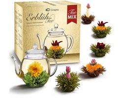 Creano Theebloemen Mix - gouden geschenkset bloementhee met glazen theepot witte, groene & zwarte thee in 6 soorten, theebloem, blooming tea, cadeau voor vrouwen