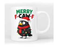 Creasowl® Merry F-caw-F Kerstmok – 325ml – Grappige Kerst Mok – Koffiemok - Koffiebeker - Cadeau voor Vriendin - Vriend - Collega – Humor Mok – Kerstcadeau