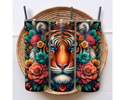 Creasowl® Stoere Tijger met Bloemen Tumbler met Rietje en Deksel - 590ml Herbruikbare Drinkbeker - Leuke Tumbler voor Tijgerliefhebbers - Perfect voor Koude Dranken - Duurzaam en Milieu-vriendelijk - Ideaal Cadeau voor Tijgerfans