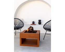 CREATE - Vierkante tuinvuurplaats van cortenstaal, brazier met ruim opbergvak voor brandhout - FIRE PIT CUBE