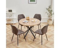 CreateEcom Eettafel met stoelen - keukentafel - eetkamertafel - ronde eettafel 100 cm in Scandinavische Stijl met 4 Comfortabele Eetkamerstoelen in het bruin