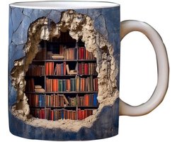 Creatief beschilderde mok - Mok met bibliotheekboekenplankmotief - Koffiemok - Keramiek