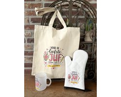 Creaties van Hier - Cadeaupakket Juf met Ovenhandschoen/Draagtas/Thee (koffie) mok - Katoen - Glas - Rubber