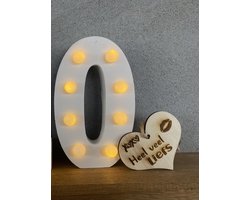 Creaties van Hier - Light Letter - Licht Letter - Getal 0 met houten hartje - Hout -16,5 x 11,5 x 2 cm