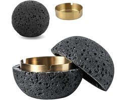 Creatieve Asbak met Deksel – Grote Bolvormige Asbak – Steenlook Zwart – Uitneembare RVS Binnenbak – Winddichte Design Asbak voor Woonkamer en Kantoor