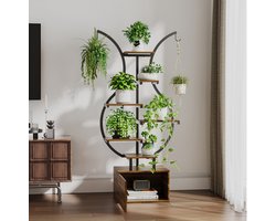 Creatieve Gebogen Plantenstandaard met Hanghaakjes en Opbergkast, Meervoudige Moderne Plantenplank voor Interieurdecoratie | Plantenrek Metaal & Hout