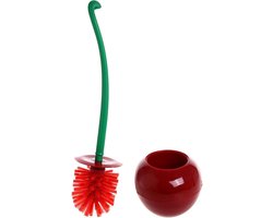 Creatieve toiletborstelset — een schoonmaakhulpmiddel dat specifiek is ontworpen voor de badkamer, voorzien van een bijbehorende houder en met een uiterlijk dat opvallend veel lijkt op een rode kers.