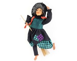 Creation decoratie heksen pop - vliegend op bezem - 30 cm - zwart/emerald - Halloween versiering