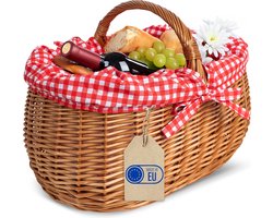 Creative Home Grote picknickmand met rood geruite bies | Rieten mand met handvat | Winkelmand | 45 x 32 x 34 cm (+/- 2 cm) | Groot en lichtgewicht | Natuurlijk bruin | Handgeweven, Universeel