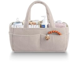 Crème Corduroy Luiermand Organizer – Commodemand - Luiertas baby - Ribstof Baby Opbergmand met Vakken en Uitneembare Inzetters – Met Handvatten
