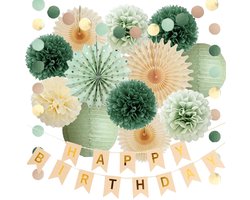 crème, goud, verjaardagsdecoraties, retro, donker olijfgroen, verjaardagsdecoraties, boho, beige, waaiers, tissuepapier, pompons, lantaarns, feest met banner, beige en goud, voor vrouwen