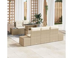 Crème zitgroep tuinbank set 6-delig met kussens van polyester en schuim, modulaire outdoor bankset van polyrotan en gepoedercoat staal, in hoogte verstelbaar