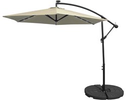 Crème Zweefparasol met Ronde Basis Kantelbaar 3M Schaduw 24 LED UV-Bescherming