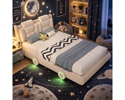 Crèmewit Flanel Autobed Twijfelaar 140x200 cm met Verlichte Wielen - Kinderbed & Gepolsterd Bed met Verstelbaar Hoofdeinde - Beige/Crèmewit