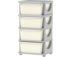 Crèmewitte Kunststof Opbergkast 37 x 37 x 76 cm, Kast met 4 Laden voor Speelgoed en Kleding, Zit- en Opbergmeubel met Afgeronde Hoeken, Multifunctionele Kinderkast voor Kinderkamer, Speelkamer en Woonkamer, Tot 10 kg per Lade