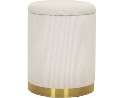 Crèmewitte Opbergkruk 36 x 36 x 44 cm, Ronde Voetenbank met Opbergruimte, Zithocker met Deksel, Opbergpoef, Voetensteun, Zitbankje, Ottomane, Klapbare Kruk, voor Woonkamer, Slaapkamer en Kaptafel, Comfortabel, Tot 120 kg