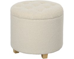 Crèmewitte Ronde Opbergbank 45 x 41 cm, Polsterbank met Deksel, Opbergpoef, Zithocker, Voetenbank, Fluwelen Look, Zitkruk met Opbergruimte voor Hal, Slaapkamer en Woonkamer, Rond Design, Comfortabel en Praktisch