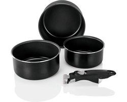 Crivit 3-delige pannenset - Steelpannenset: Ø16, Ø18 en Ø20 cm - Campingpannen - Ideale pannenset voor op de camping dankzij 1 afneembare greep die past op alle 3 in elkaar passende pannen