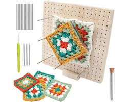 Crochet Hook Block - 23.5 x 23.5 cm - Hook Block Board voor Granny Square - Houten Blokplaten met 20 Pens - Haak Granny Square Standaard Hout
