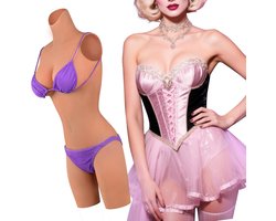 Crossdresser Drag Bodysuit Prothetisch Hoge Kraag Knielengte voor Mannen Pak Vrouwelijke Verschijning Faecatie & Urineren Kunstborsten met Katoenen Vulling (Geruinde Huid - C Cup)
