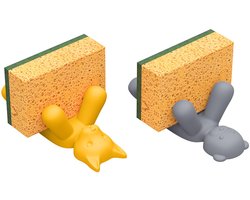 Crrynuo 2 Stuks - Multifunctioneel Afwas Sponsrek - Zeep En Schuurspons Rek Voor De Keuken - Nieuw Hangend Sponsrek Voor In De Keuken - Dierenshap Afvoerrek Set - Grijs, Geel - Met Silicone - Voor Keuken Goedkeuring En Opberging