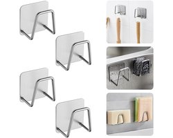 Crrynuo - 4 Stuks Sponshouder - Vaatdoekhouder - RVS - Zilver - Zelfklevend - Waterbestendig - 5x5cm - Open U-Vorm
