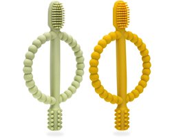 Crrynuo Baby Bijtspeeltjes- 2-pack Kindertandenborstel- Bijthulpmiddel- Siliconen Bijtring- BPA-vrij- Stimuleert en Masseert Pijnlijk Tandvlees-Geschikt voor Baby's vanaf 3 Maanden (Geel en Groen)