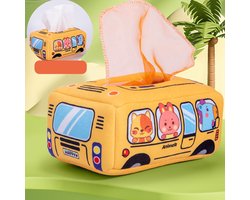 Crrynuo - Baby Tissuebox Speelgoed Set - 5 Sjaals + 3 Stofboeken - Bus Ontwerp - Kort Vilt - Geschikt voor 0-3 Jaar