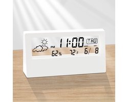 Crrynuo - Digitale Bureauklok - LCD-display - Met Weerbericht, Thermometer en Wekker - Elektronisch - Batterijgevoed- Wit