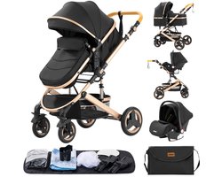 CS kinderwagen 3 in1 zwart - baby wagen - baby stroller - baby buggy combi -opvouwbaar - Incl. draagbare mand + autostoel - omkeerbare hoge zitplaats - verstelbare zonnescherm luifel - t/m 3 jaar - Kleur Zwart en goud- schokabsorberende dempers
