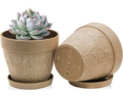 CSGoods - Middelgrote Plastic Plantenpotten met Drainagegaten en Schotels - Terracotta-look - Geschikt voor Binnen en Buiten - Inclusief Dienblad - Lichtbruin - Set van 2 - Voor Vredeslelie, Kruiden en Kamerplanten