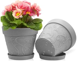 CSGoods - Plantenpotten 10 Inch voor Binnen met Drainage & Schotel, Sterke Hars, Imitatie Terracotta, Cement Grijze Kleur.