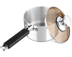 CSGoods - Roestvrijstalen Steelpan 16 cm 3-laags Melkkan met Glazen Deksel 1,9 l - Inductie Geschikt - Niet Giftig - Hoogglans Gepolijst