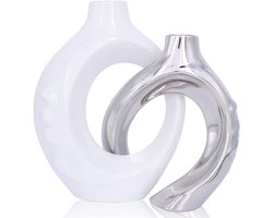 CSGoods - Set van 2 witte en zilveren keramische decoratieve vazen voor woonkamer - boekenplank - mantel - eettafel - middelpunt - decoratie.