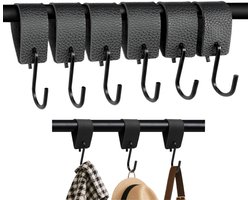 CTYUEYUN 6-pack S-haken met leren lus, zwarte jashaken voor stang 12,5 x 3 cm, campinghaken eenvoudig te gebruiken, jashaken garderobe, S-haken voor kledingstang keuken badkamer