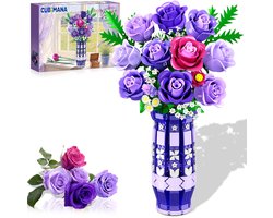 CUBIMANA Paars Rozen Boeket Bouwpakket - 17 Mini Bloemen - Met Zelfbouw Vaas & LED Licht 835PCS - DIY Decoratie Bouw Spleegoed voor Volwassenen Kinderen 12+