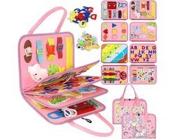 Cuhostki - 1 Stuk - Busy Board Book Montessori Speelgoed - Montessori Busy Board - Kinderspeelgoed - Kinders Felt Leerbord - Roze - Katoenachtig - Educatief - Draagbaar - Voor Kinderen