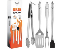 Cuisimax Premium BBQ Accesoires set - 4 Delig - BBQ Tang / Borstel / Spatel / Vork - BBQ gereedschap - Barbecue Accessoires