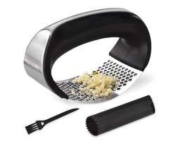 Cuisinly® - RVS Knoflookpers & Gemberpers – Micro-Slice Technologie – Inclusief Knoflookpeller & Reinigingsborsteltje – Keukengadget – Vaatwasserbestendig