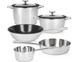Cuisio DECO+ Pannenset Inductie - 8 Delige RVS Pannenset - PFAS- en PFOA-vrij - Set Met Kookpotten, Skillet & Wok - Pannen Geschikt voor Alle Warmtebronnen - Ergonomische Handgrepen en Afgietsysteem - 91% Gerecycled RVS - Zilver