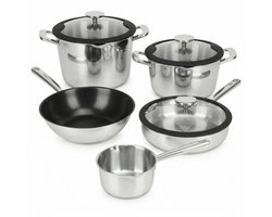 Cuisio DECO+ Pannenset Inductie - RVS Pan Met Afgietsysteem - PFAS-vrij - 8-delige Kookpan Set Met Skillet & Wok - 91% Gerecycled Roestvrij Staal - Zilver