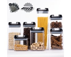 Culi-N-Air Voorraadpotten - Set van 7 - Transparant/Zwart - Water en Luchtdicht - Stapelbare Voorraadbussen - Inclusief Labels, Krijtstift en Maatlepels