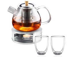 Culminar Theepot Set – Theepot Met Filter – Theepot Glas – Theepot Met Warmhouder – Met 2 Dubbelwandige Glazen (350ml) – 1.5L