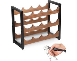 Culminar Wijnrek – Wijnrek hout – Wijnkast – Met Wijnopener – 44x20x35 cm – Zwart Metaal - Hout