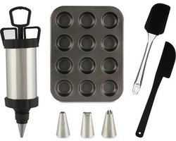Cupcake Bakset - 16-Delige Bakset met Muffinbakvorm - Spuitzak Met RVS Spuitmondjes - Professionele Decoratieset - Inclusief Siliconen Spatels - Cupcakes, Taart & Koekjes Decoreren - Compleet Bakpakket