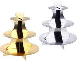 Cupcake Standaard - Taart Etagère - Feestelijke Presentatie - Stevig Karton - 3 Planken - Goud en Zilver